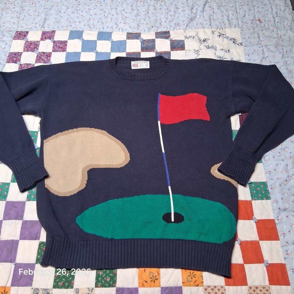 Vintage Slazenger Golf Print Navy Blue Sweater Size 2XL All Over Print Rare